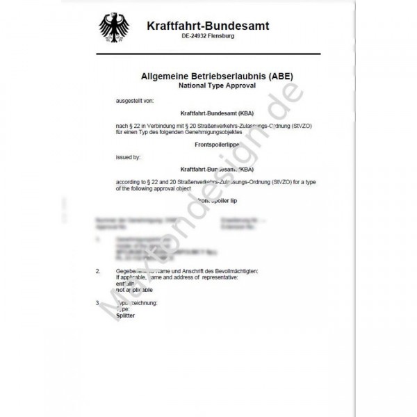 Maxtondesign Frontansatz Gutachten ABE für alle FD1 AUDI BMW VW FORD SKODA