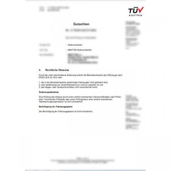 Maxtondesign Seiten Schweller Gutachten ABE für alle SD1 AUDI BMW VW FORD SKODA