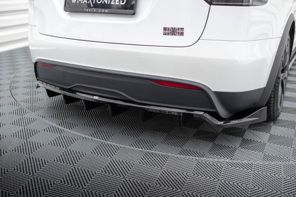 Hinten Splitter (mit einem vertikalem balken) für Tesla Model X Mk1 Facelift schwarz Hochglanz