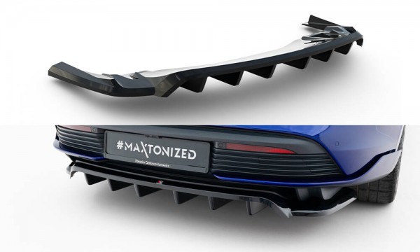 Hinten Splitter (mit einem vertikalem balken) für Porsche Taycan Turbo S Mk1 schwarz Hochglanz
